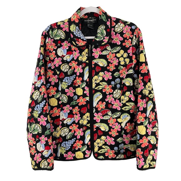 Requirements Quilted Jacket Size L Large Black Boxy Floral Fruity Print Full Zip - Picture 1 of 10